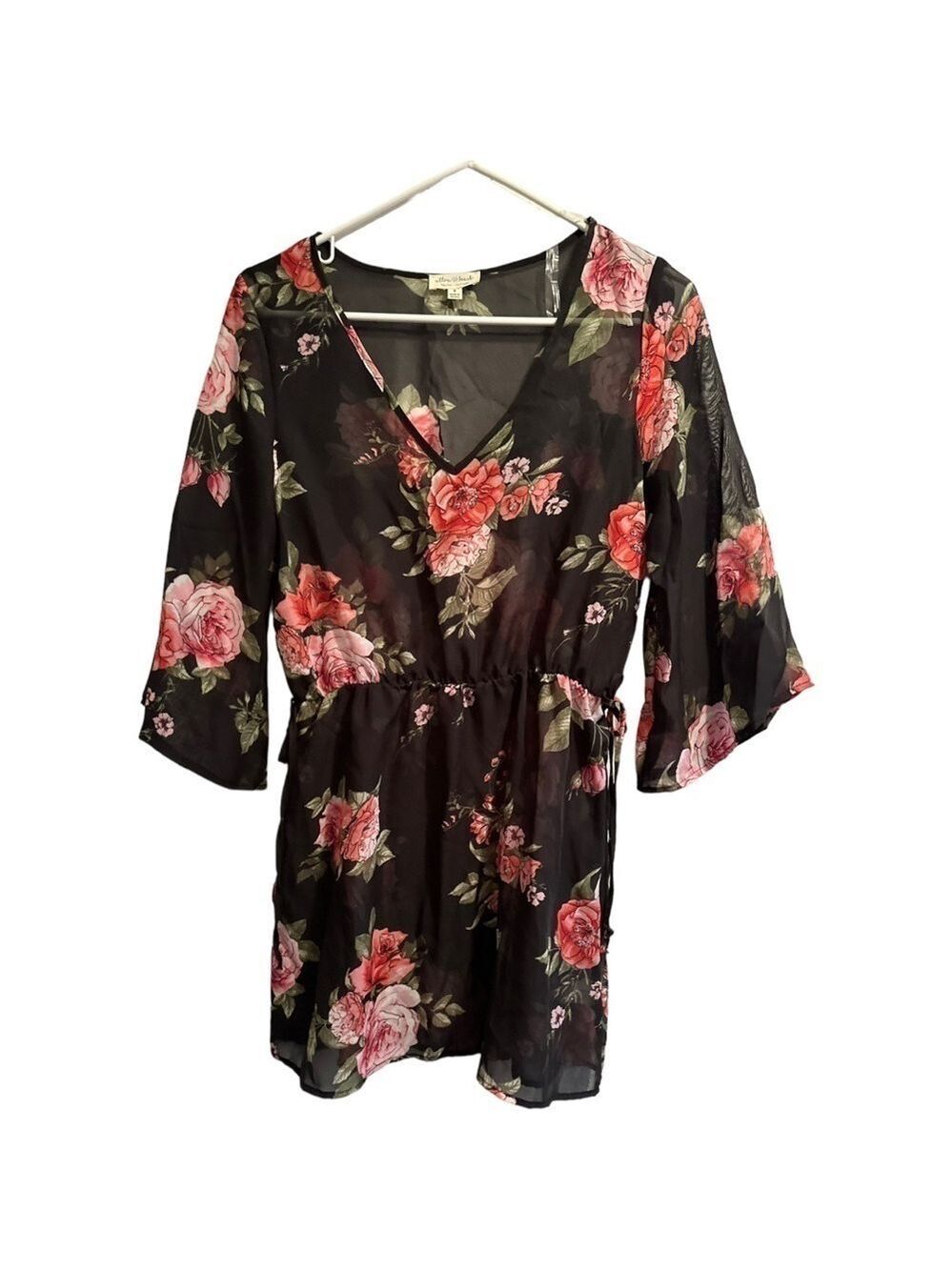 Ultra Beach Ultra Sheer Black Bathing suit Coverup w/ Beautiful Red & Pink Roses